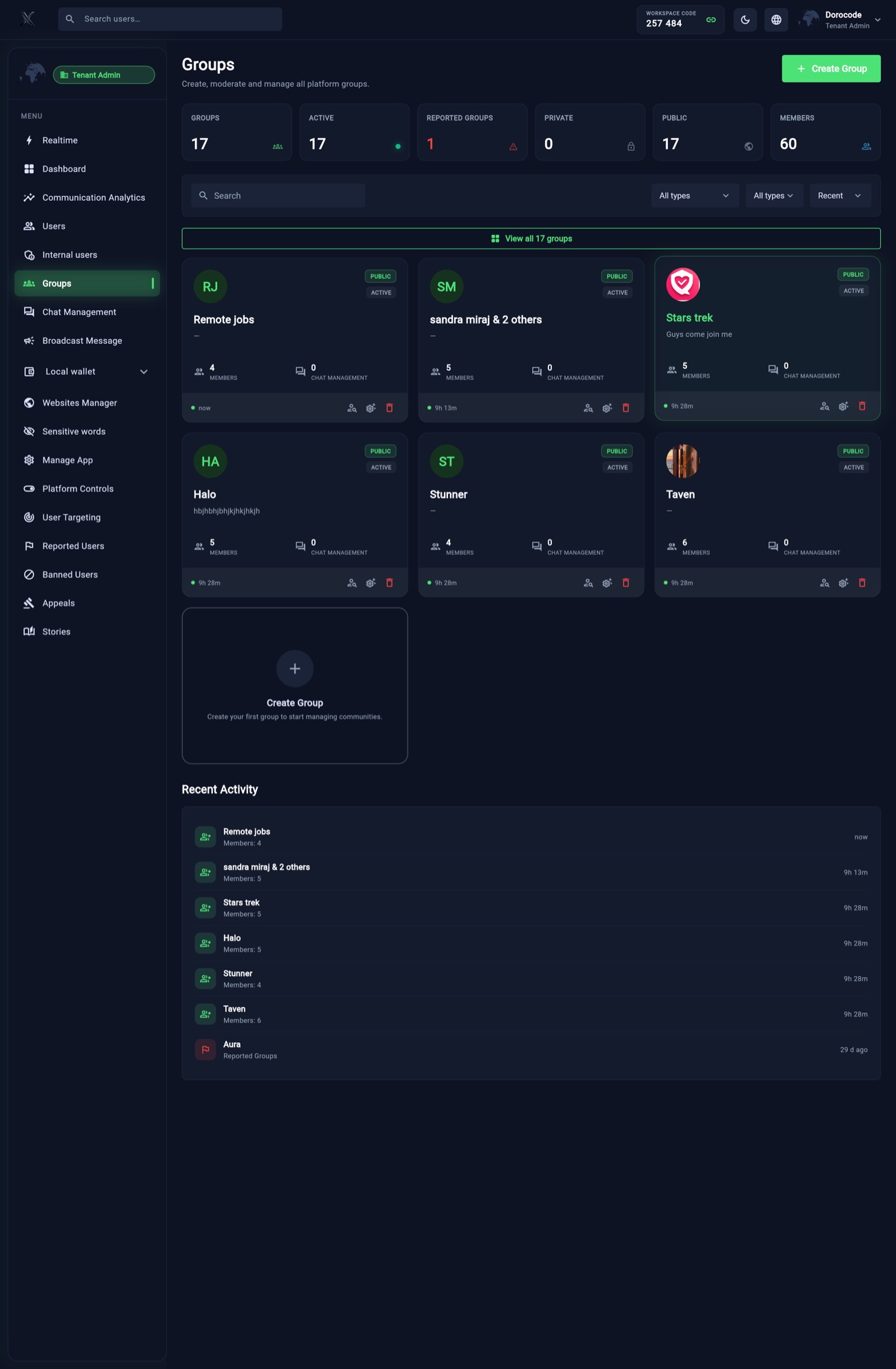 Admin groups — full page