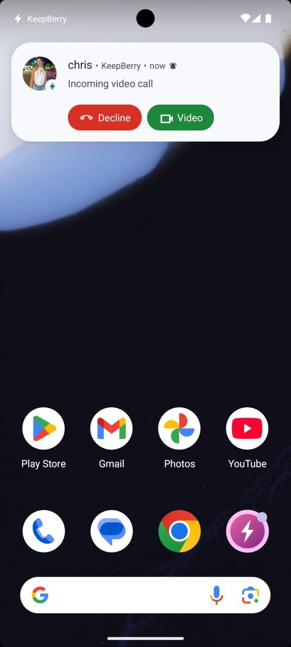Incoming KeepBerry video call notification on Android